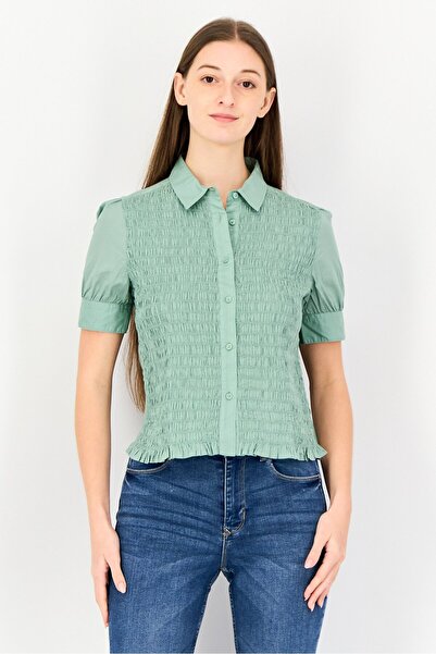 Levi's Women Spread Collar Short Sleeve Shirred Pattern Blouse, Sage