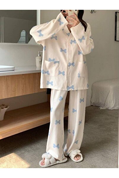 AURASTİL Women's Long Sleeve Buttoned Blue Ribbon Camisole Pajama Set Yuka