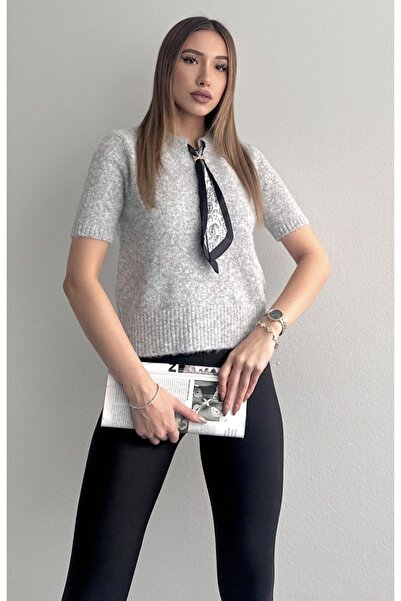 fujya Yakası Fularlı Kısa Kol Triko