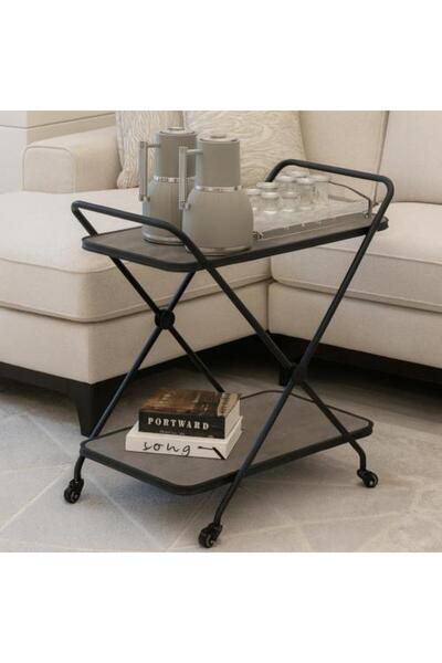 terndat عربة تقديم خشبية رمادية اللون ذات طبقتين - تصميم أنيق