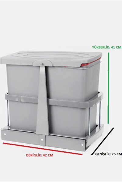 inca2613 Pyramith 12+12 lt ikili çöp dolap içi teleskopik raylı çöp kovası