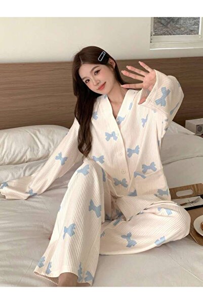 AURASTİL Women's Long Sleeve Buttoned Blue Ribbon Camisole Pajama Set Yuka