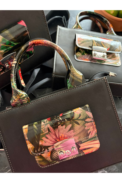 Pinkylola Mini Balerin Model rugan çiçek baskılı & koyu haki eskitme Hakiki D...