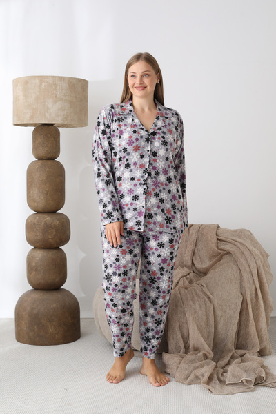 SEBOTEKS Buttoned Suede Fabric Plus Size Women's Pajama Set 2170