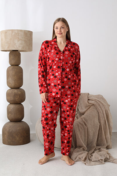 SEBOTEKS Buttoned Suede Fabric Plus Size Women's Pajama Set 2170