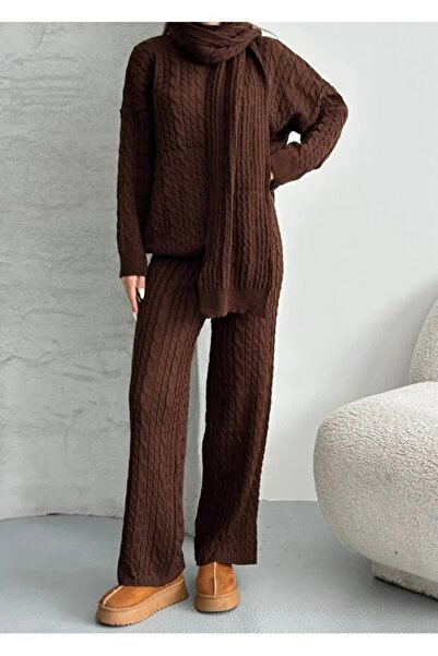 Hazinedan Women's Knitwear Hair-Braided Triple Scarf Pants Sweater Set