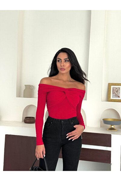 REELMODA Women's Red Madonna Collar with Knot Detail on the Front Long Sleeve Stylish Sendy Blouse