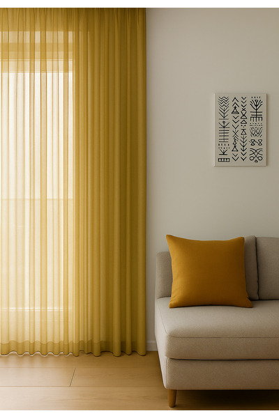 Ran Perde Dökümlü Düz Tül Perde - Koyu Hardal - Pileli Dikim 1x2,5 Pile