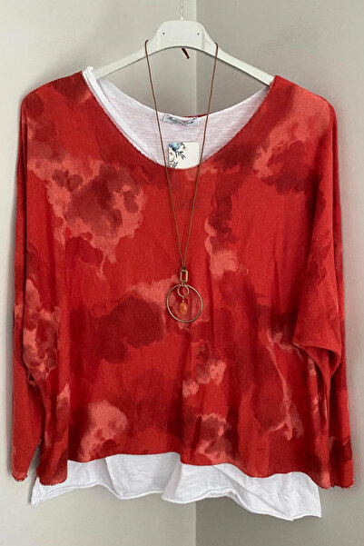 AYASOFYA OTANTIK Women's Italian Red Batik Patterned Cotton Combed Sleeveless Inner Long-Sleeved Knitwear Blouse 2-Piece Set