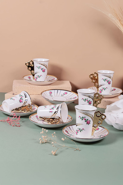 welcomein Gold Kulplu 6 Kişilik 12 Parça Porselen Kahve Fincan Takımı – Çiçek...