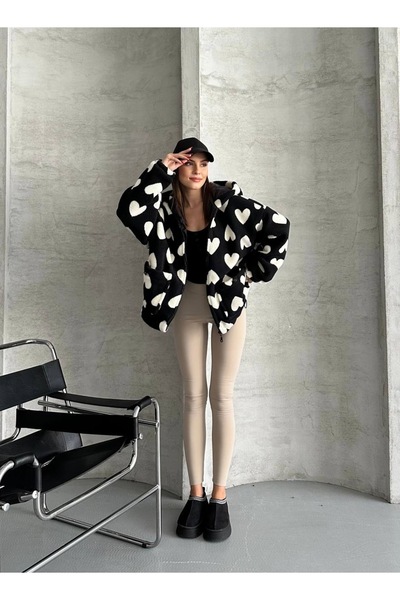 Hazinedan Kadın Kalp Desenli Kapüşonlu Fermuarlı Polar Mont