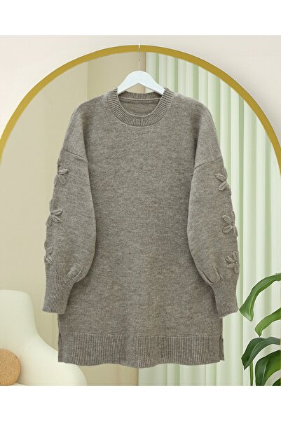Modamorfo Round Neck Soft Knit Sweater with Handle Flower Detail -Toprak