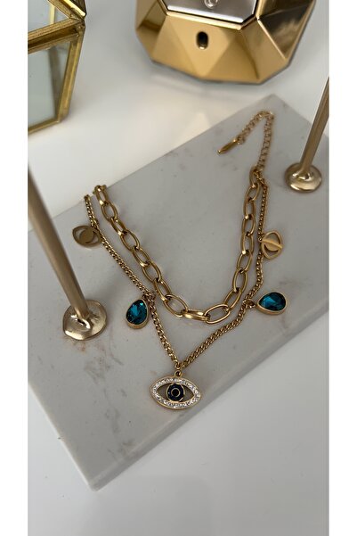 SU PERİSİ TAKI BİJUTERİ Steel Gold Double Row Eye Detailed Bracelet