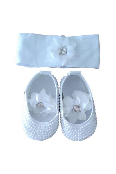 Dumledo Beyaz İncili Saç Bandı ve Patik 2'li Kız Bebek Ayakkabı