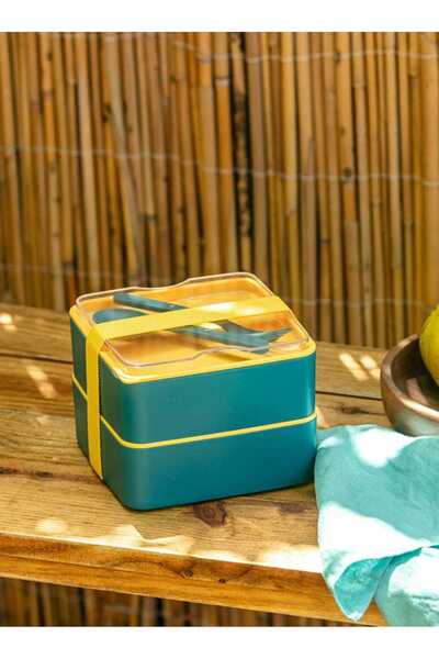 Mrt 2-Layer Storage, Lunch Box with Green Fork, Spoon as a Gift