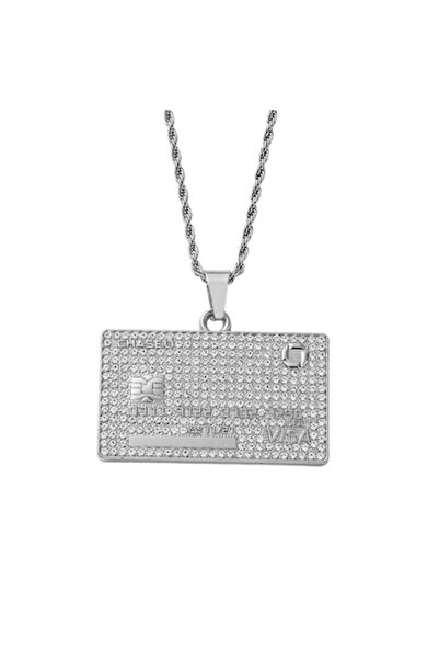 Tessero Rope Hip Hop Necklace with Iced Out Credit Card Pendant, Zircon Stones, Stainless Steel, 18K Gold Pl