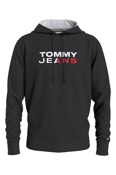 Tommy Jeans , Hoodie with logo print and kangaroo pocket, Black, L