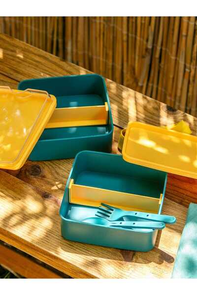 Mrt 2-Layer Storage, Lunch Box with Green Fork, Spoon as a Gift