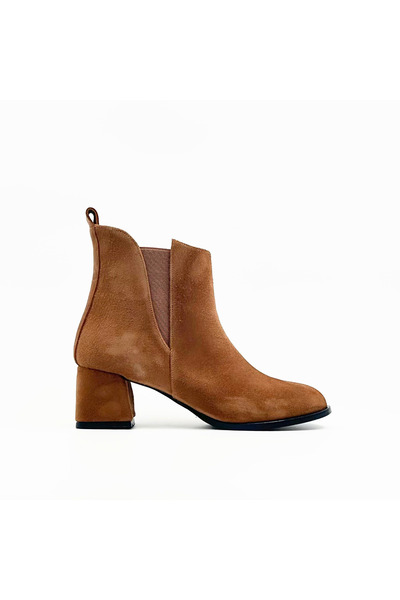 Folle Taba Süet Orta Topuklu Kadın Bot – 5 cm Kalın Topuklu, Hakiki Deri Astar