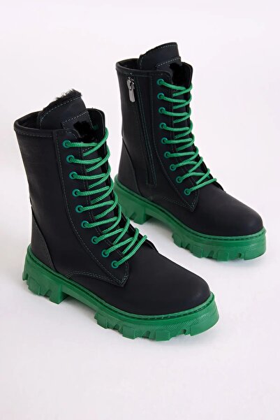 İpek Arya Μπότες για κορίτσια με μαύρο πράσινο κορδόνι και φερμουάρ