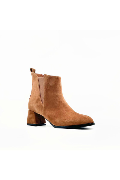 Folle Taba Süet Orta Topuklu Kadın Bot – 5 cm Kalın Topuklu, Hakiki Deri Astar