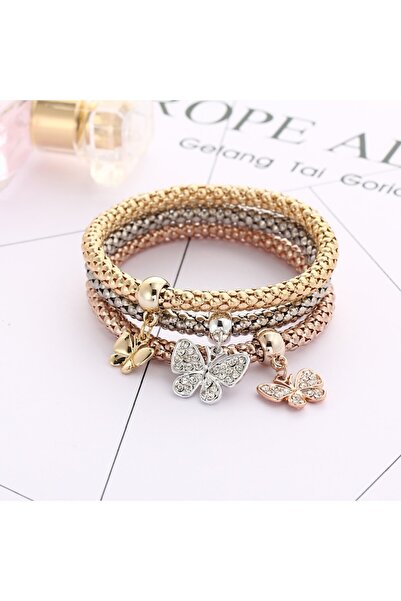 Tessero Set de 3 brățări cu pandantive fluture, placate cu aur de 14K,