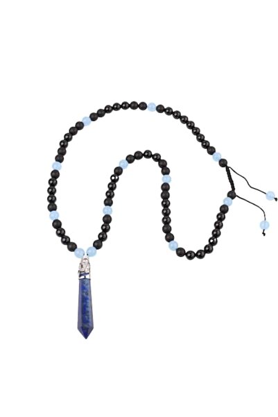 Tessero Colier cu mărgele de onix mat, pandantiv cu piatră semiprețioasă albastră, Tessero, negru