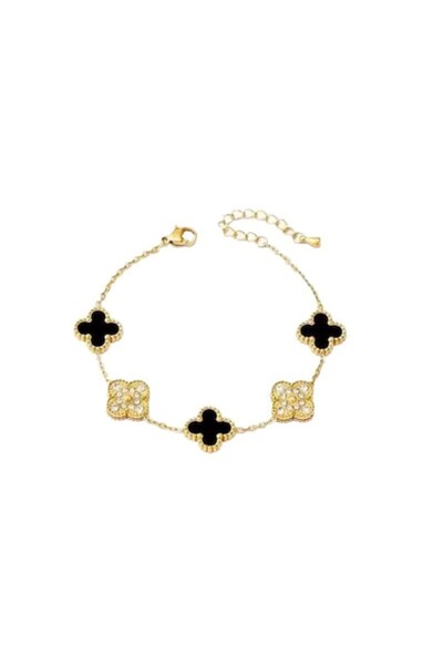 Tessero Brățară de damă, model în formă de trifoi, pietre de zirconiu, placată cu aur de 18K, Tessero, neagră