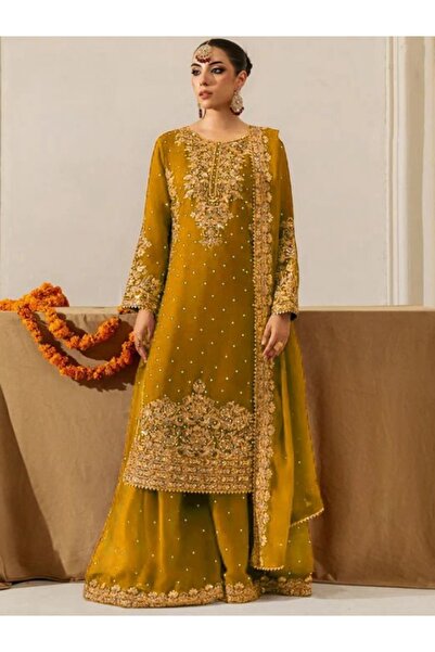 MYSMAR Yellow Faux Gorgette Top Palazzo & Dupatta - HRT5265 | Yellow