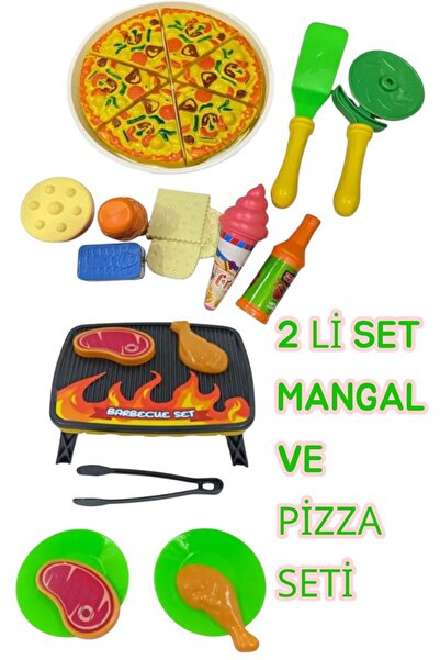 BYCEGU 21670 Playhouse Kitchen Toy Set 2-Piece Play Set Bbq Set and Cuttable Pizza Set