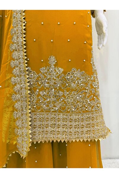 MYSMAR Yellow Faux Gorgette Top Palazzo & Dupatta - HRT5265 | Yellow