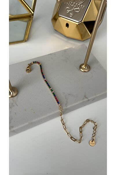 SU PERİSİ TAKI BİJUTERİ Steel Gold Minimal Colored Zircon Stone Waterway Brac...