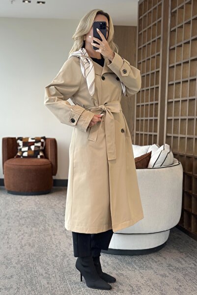 Laluvia Beige Long Trench Coat with Scarf - 7535
