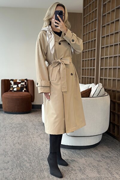 Laluvia Beige Long Trench Coat with Scarf - 7535