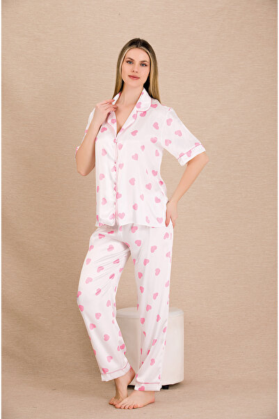 MOPİ Set de pijamale cu mânecă scurtă, cu nasturi la guler, cu model inimioar...