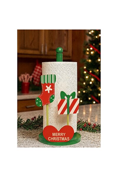 OEM Christmas-themed Paper Towel Holder, Sock and Gift Design, Wood, Red/Green