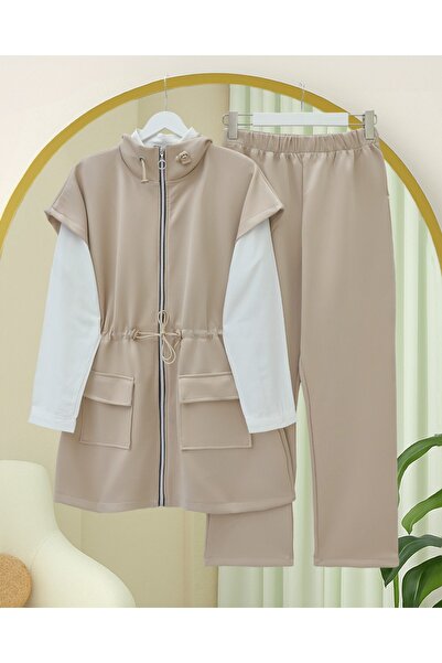 Modamorfo Double Pocket Zippered Rubber Detailed Short Sleeve Scuba Suit - Beige