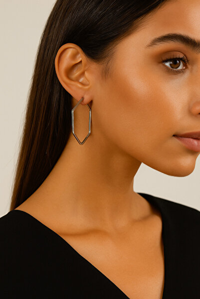 Evalia Takı Beşgen Şekilli Paslanmaz Çelik Silver Halka Küpe