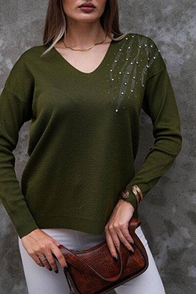 D LAVELLA Kadın V yaka yakası taş detaylı triko bluz