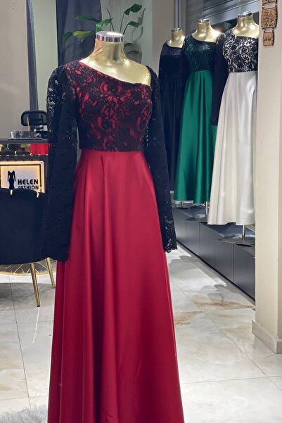 Helen Fashion Saten Üstü Dantelli Tasarım Abiye Elbise