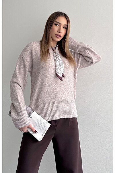 fujya Pulover tricotat cu textura moale cu guler eșarfă