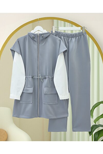 Modamorfo Double Pocket Zippered Rubber Detailed Short Sleeve Scuba Suit - Gray