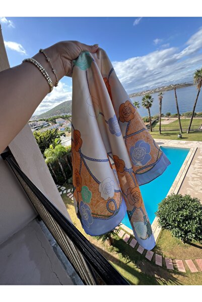 ToffyStore وشاح بنمط زهور برتقالية زرقاء من توفي