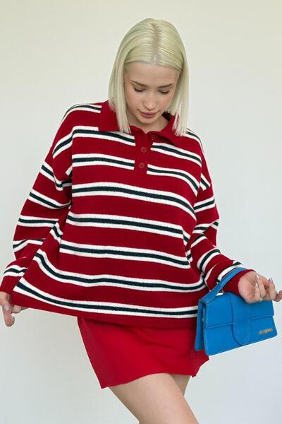 ELBA STİL Red Polo Neck Striped Women's Knitwear Sweater