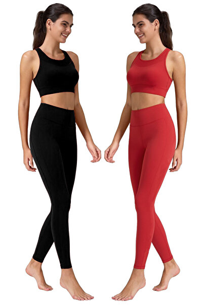 makiteks 2Pcs Women Leggings Red Black Sports and Casual Use Leggings