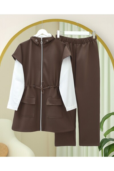 Modamorfo Double Pocket Zippered Rubber Detailed Short Sleeve Scuba Suit - Brown