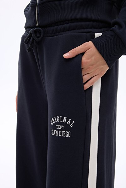 Quzu Women's Stripe Detailed Elastic Waist Trousers Pnt00760 Navy Blue