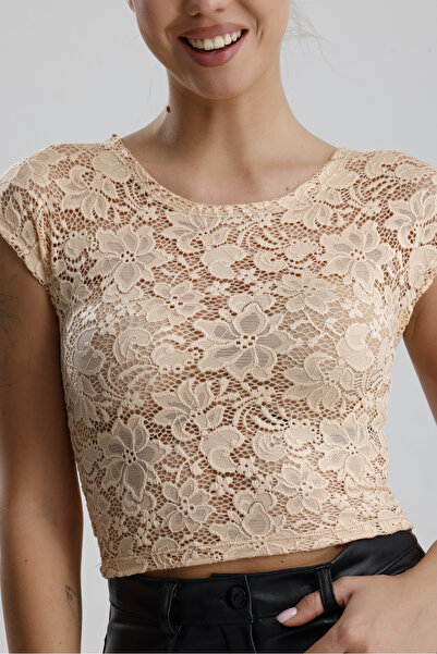 Sense Dantel Uzun Kollu Crop Bluz | BUST36259 Somon