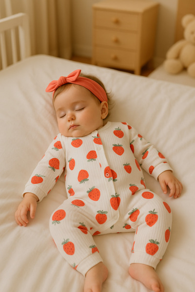 BEREKET BABY Organik Pamuklu Çilek Desenli Uzun Kollu Bebek Tulum – 0-9 Ay