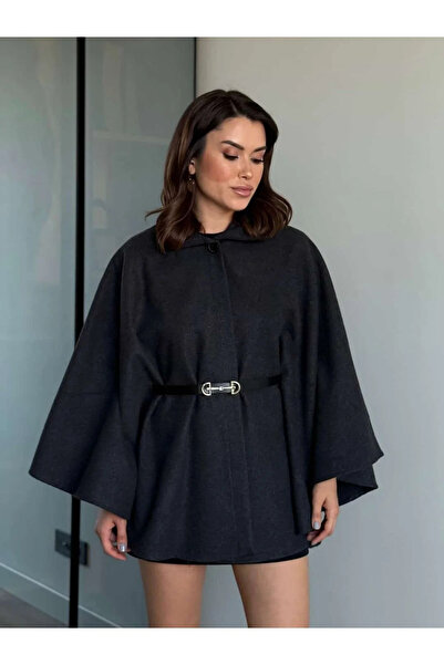 beeke Kadın Beli Kemerli Kaşe Koyu Gri Panço Şık Oversize Trend ve Rahat Modern Dış Giyim Beeke-4465
